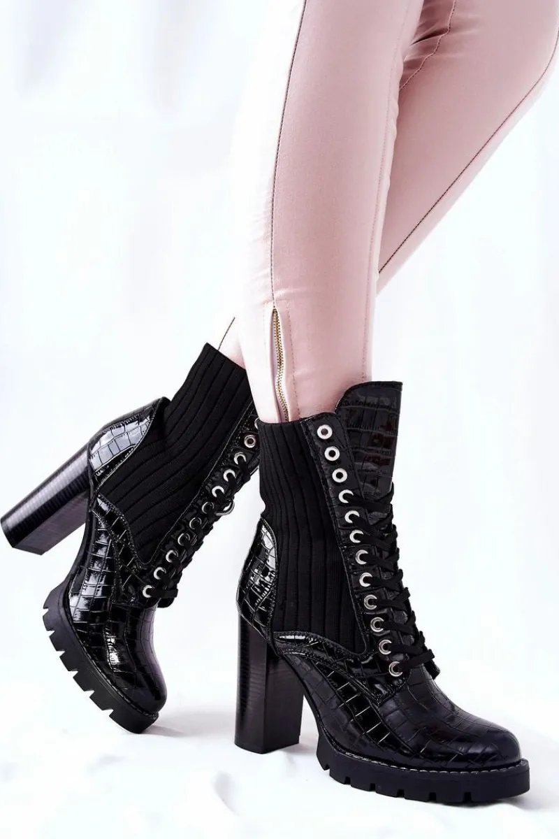 Botki Sznurowane|Botki Na Słupku>Boto Damskie Botki Na Słupku Wysokie Wzór Krokodyla Czarne Erdogan
