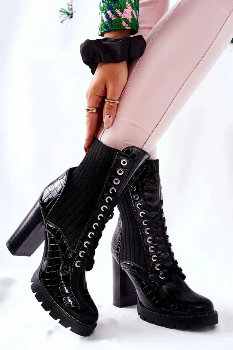 Botki Sznurowane|Botki Na Słupku>Boto Damskie Botki Na Słupku Wysokie Wzór Krokodyla Czarne Erdogan