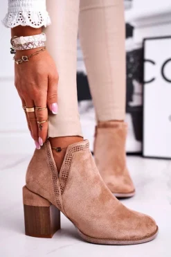 Outlet Damskie Botki Na Słupku Wycięte Khaki Meliori Dream Damskie Brązowe I Beżowe Botki|Botki Na Obcasie