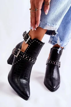 Botki Wiosenne|Botki Na Słupku>Boto Damskie Botki Na Słupku Z Dżetami Czarne Kelin