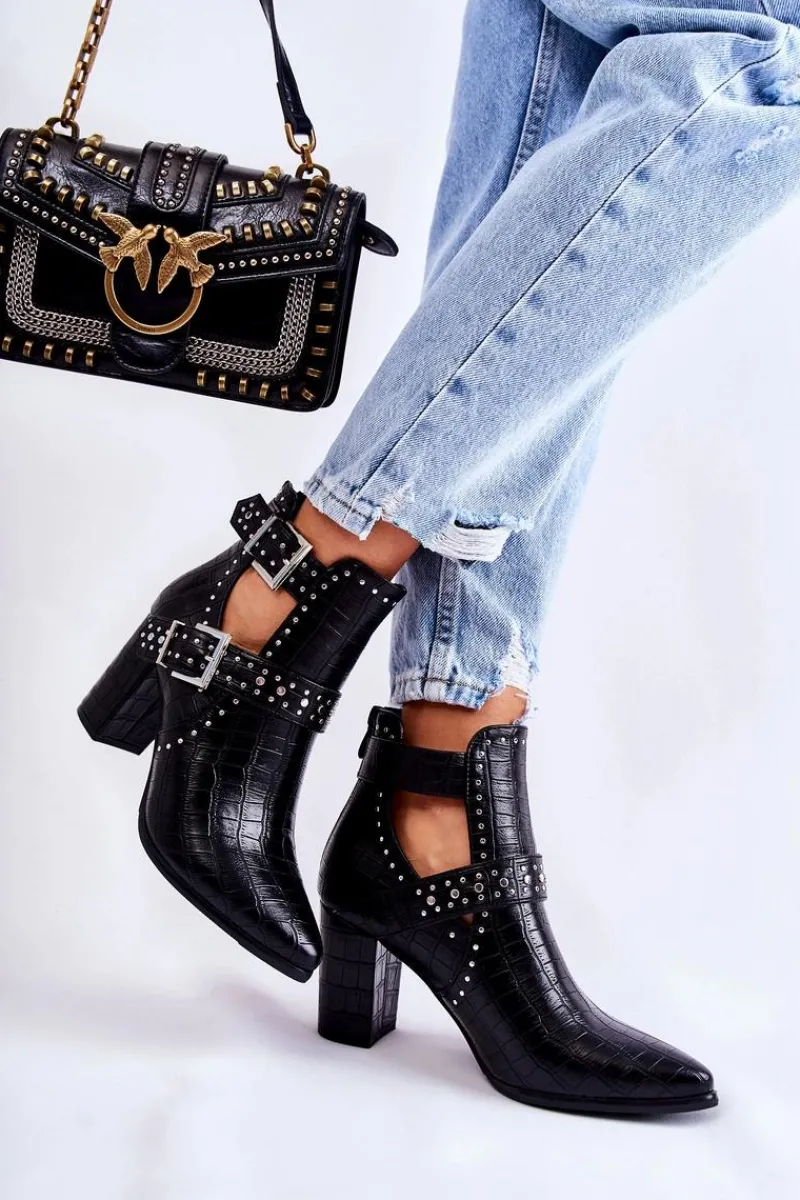 Botki Wiosenne|Botki Na Słupku>Boto Damskie Botki Na Słupku Z Dżetami Czarne Kelin