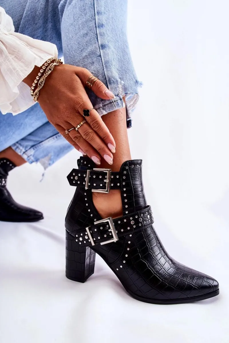 Botki Wiosenne|Botki Na Słupku>Boto Damskie Botki Na Słupku Z Dżetami Czarne Kelin