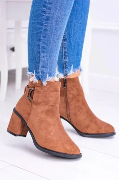 New Boto Damskie Botki Na Słupku Z Klamrą Zamsz Camel Evoret
