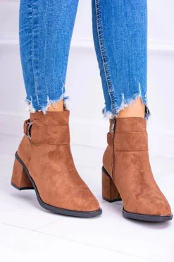 New Boto Damskie Botki Na Słupku Z Klamrą Zamsz Camel Evoret