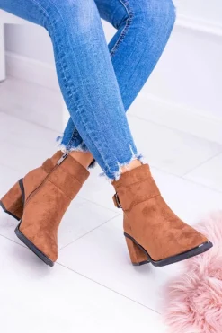 New Boto Damskie Botki Na Słupku Z Klamrą Zamsz Camel Evoret