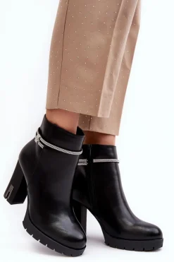 Outlet Boto Damskie Botki Na Słupku Z Ozdobą Czarne Carolla