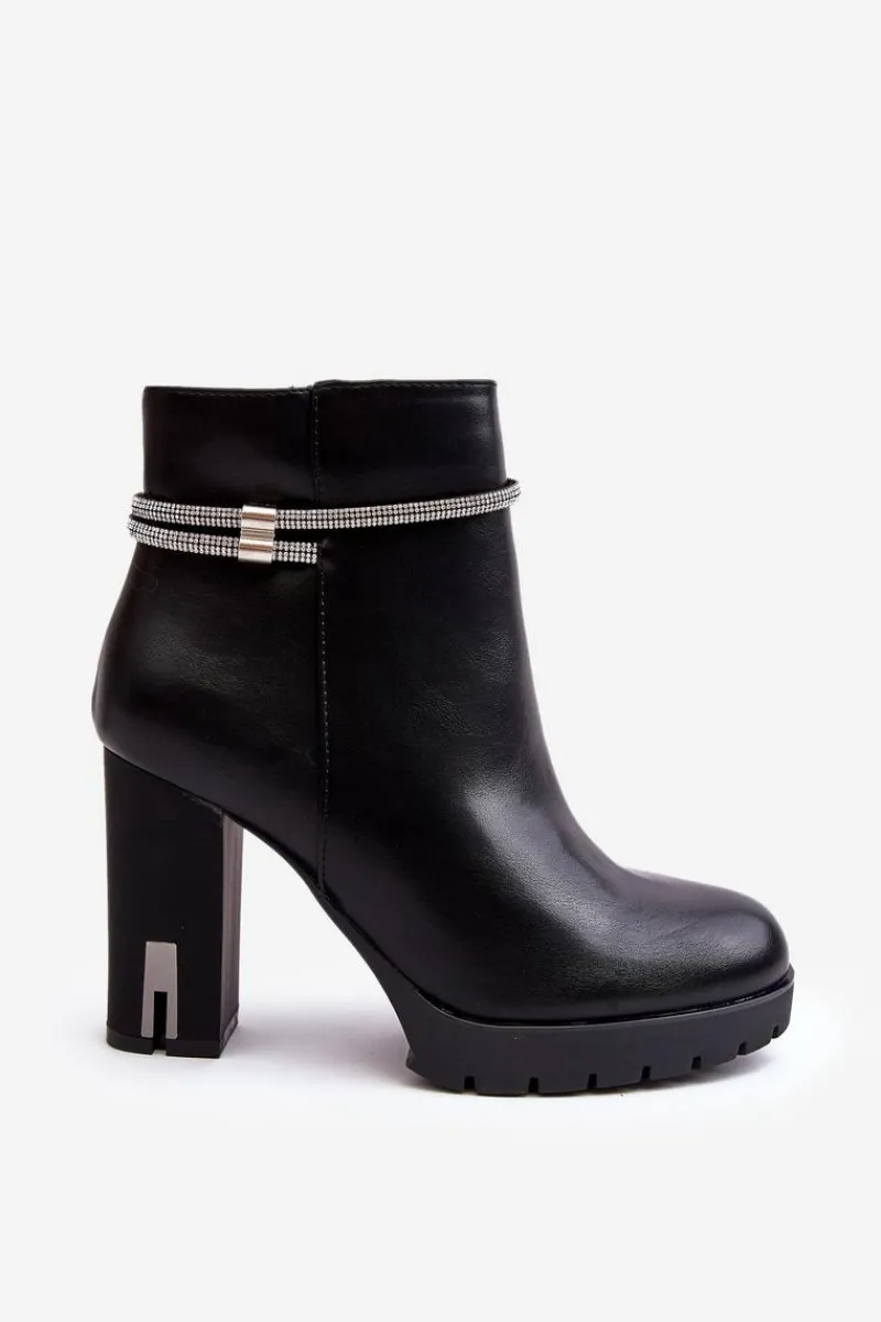 Outlet Boto Damskie Botki Na Słupku Z Ozdobą Czarne Carolla