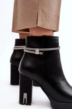 Outlet Boto Damskie Botki Na Słupku Z Ozdobą Czarne Carolla