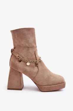 Outlet Boto Damskie Botki Na Słupku Z Łańcuszkiem Beżowe Tiselo
