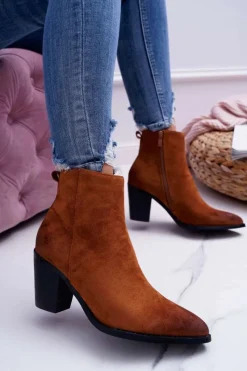 Damskie Botki Na Słupku Zamszowe Camel Niki Damskie Botki Wiosenne|Botki Na Słupku
