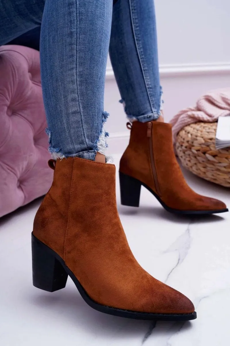 Damskie Botki Na Słupku Zamszowe Camel Niki Damskie Botki Wiosenne|Botki Na Słupku