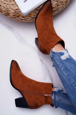 Damskie Botki Na Słupku Zamszowe Camel Niki Damskie Botki Wiosenne|Botki Na Słupku