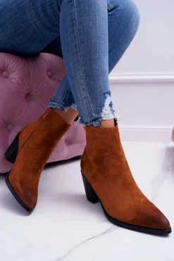 Damskie Botki Na Słupku Zamszowe Camel Niki Damskie Botki Wiosenne|Botki Na Słupku