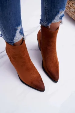 Damskie Botki Na Słupku Zamszowe Camel Niki Damskie Botki Wiosenne|Botki Na Słupku