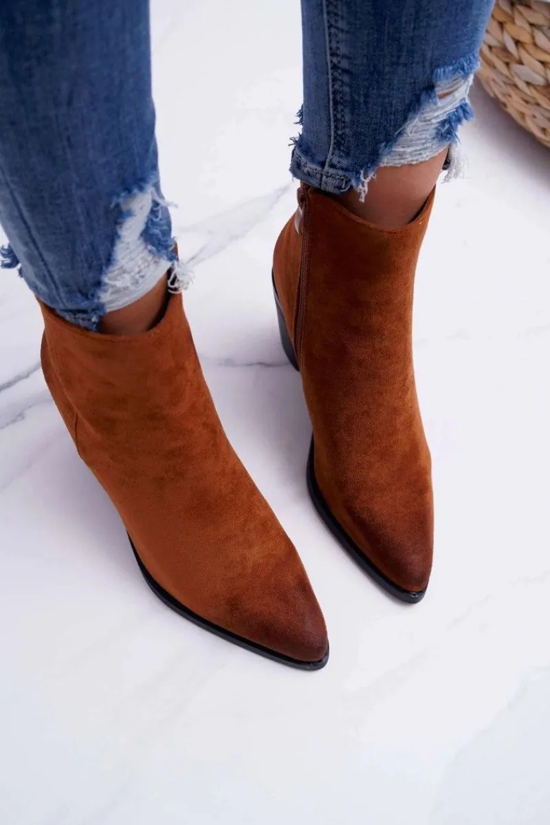 Damskie Botki Na Słupku Zamszowe Camel Niki Damskie Botki Wiosenne|Botki Na Słupku