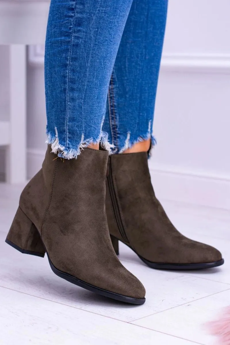 Sale Damskie Botki Na Słupku Zamsz Khaki Ferimate Damskie Botki Na Słupku|Brązowe I Beżowe Botki