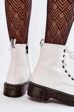 Outlet Damskie Botki Na Suwak Big Star KK274536 Białe Damskie Damskie Trapery|Botki Sznurowane