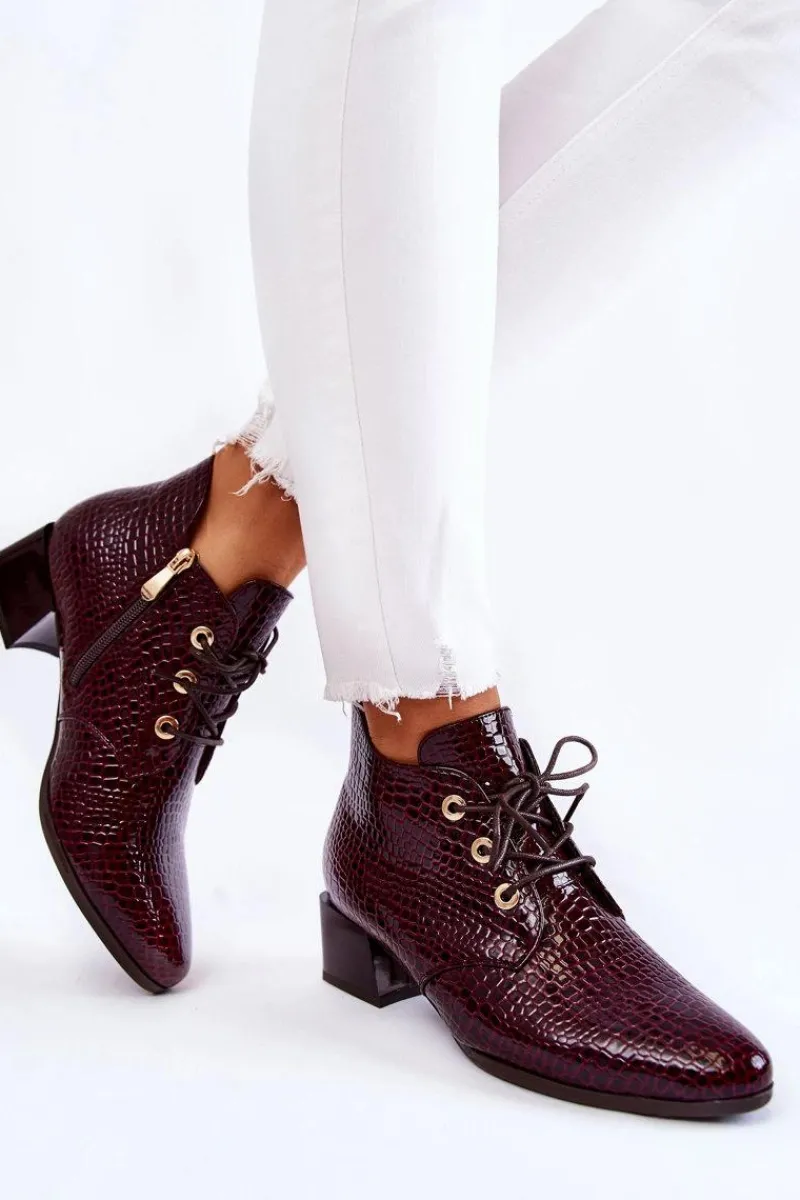 New Damskie Botki Na Suwak Wzór Krokodyl Bordowe Farrah Damskie Botki Zimowe Damskie|Botki Na Obcasie