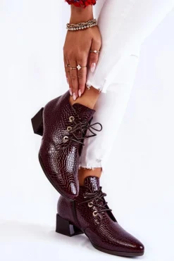 New Damskie Botki Na Suwak Wzór Krokodyl Bordowe Farrah Damskie Botki Zimowe Damskie|Botki Na Obcasie