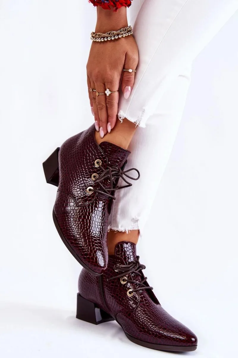 New Damskie Botki Na Suwak Wzór Krokodyl Bordowe Farrah Damskie Botki Zimowe Damskie|Botki Na Obcasie