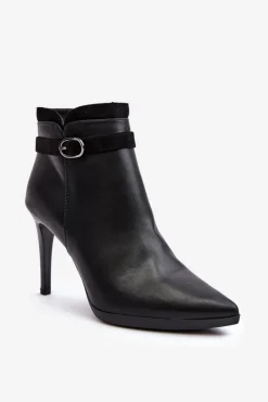 Hot Damskie Botki Na Szpilce Z Klamrą Ocieplane Czarne Aesha Damskie Czarne Botki|Botki Zimowe Damskie