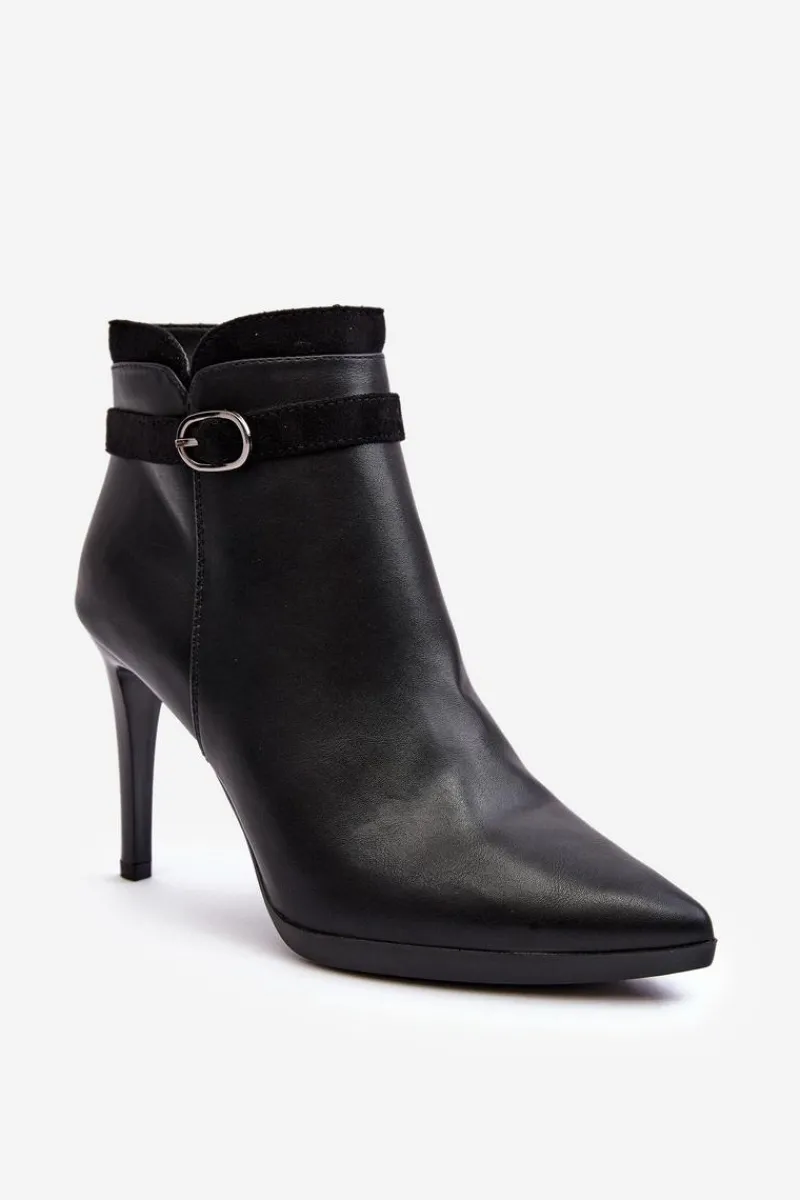 Hot Damskie Botki Na Szpilce Z Klamrą Ocieplane Czarne Aesha Damskie Czarne Botki|Botki Zimowe Damskie
