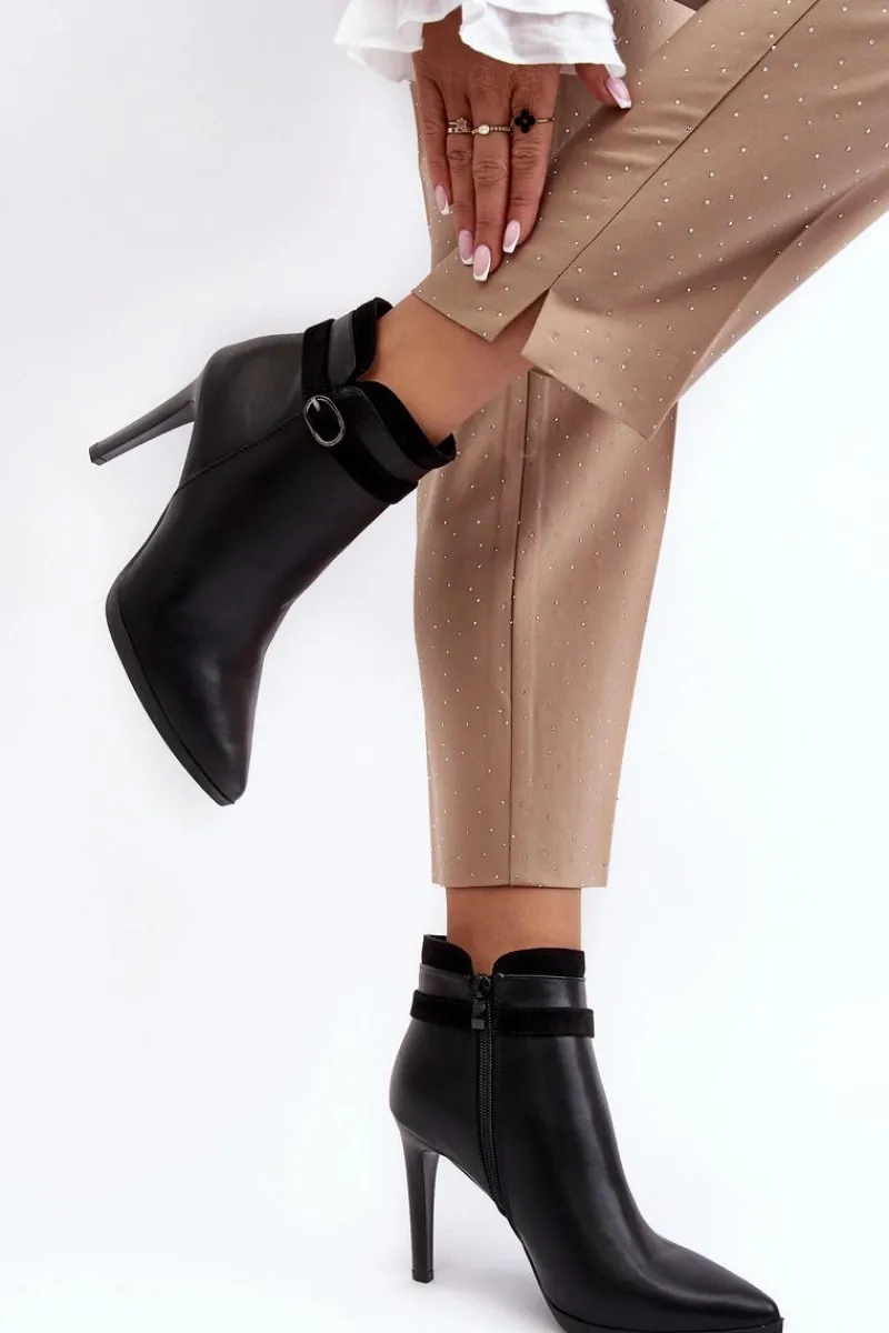 Hot Damskie Botki Na Szpilce Z Klamrą Ocieplane Czarne Aesha Damskie Czarne Botki|Botki Zimowe Damskie