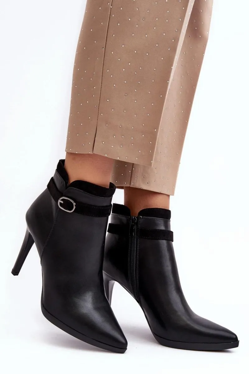Hot Damskie Botki Na Szpilce Z Klamrą Ocieplane Czarne Aesha Damskie Czarne Botki|Botki Zimowe Damskie