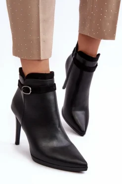 Hot Damskie Botki Na Szpilce Z Klamrą Ocieplane Czarne Aesha Damskie Czarne Botki|Botki Zimowe Damskie