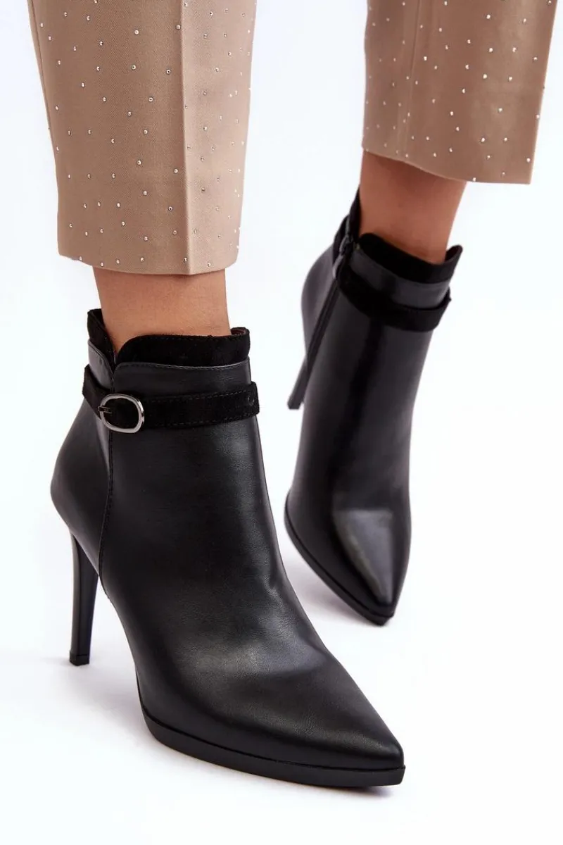 Hot Damskie Botki Na Szpilce Z Klamrą Ocieplane Czarne Aesha Damskie Czarne Botki|Botki Zimowe Damskie