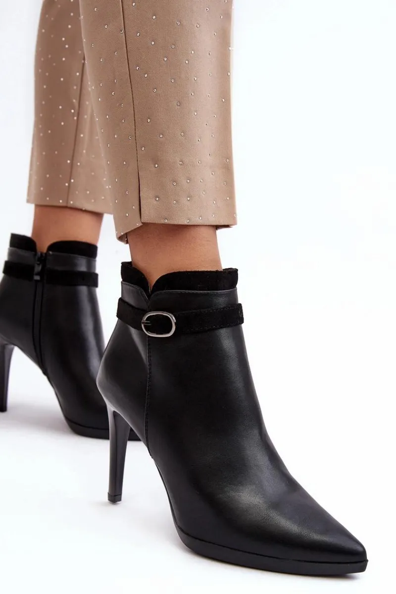Hot Damskie Botki Na Szpilce Z Klamrą Ocieplane Czarne Aesha Damskie Czarne Botki|Botki Zimowe Damskie