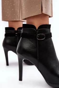 Hot Damskie Botki Na Szpilce Z Klamrą Ocieplane Czarne Aesha Damskie Czarne Botki|Botki Zimowe Damskie