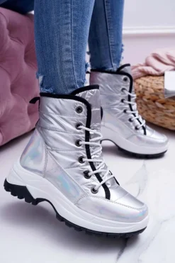 Damskie Botki Śniegowce Ocieplane Futerkiem Srebrne Muffin Damskie Śniegowce Damskie