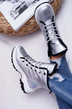 Damskie Botki Śniegowce Ocieplane Futerkiem Srebrne Muffin Damskie Śniegowce Damskie