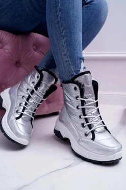 Damskie Botki Śniegowce Ocieplane Futerkiem Srebrne Muffin Damskie Śniegowce Damskie