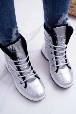 Damskie Botki Śniegowce Ocieplane Futerkiem Srebrne Muffin Damskie Śniegowce Damskie