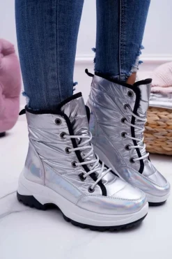 Damskie Botki Śniegowce Ocieplane Futerkiem Srebrne Muffin Damskie Śniegowce Damskie