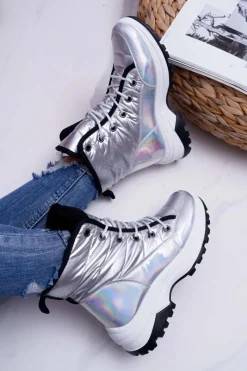 Damskie Botki Śniegowce Ocieplane Futerkiem Srebrne Muffin Damskie Śniegowce Damskie