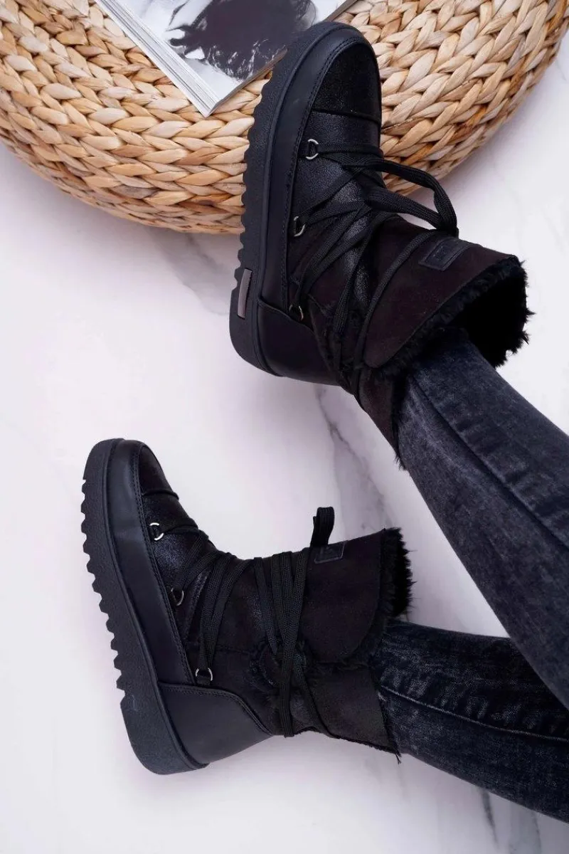 Best Damskie Botki Śniegowce Ocieplane Futerkiem Czarne Fereni Damskie Śniegowce Damskie