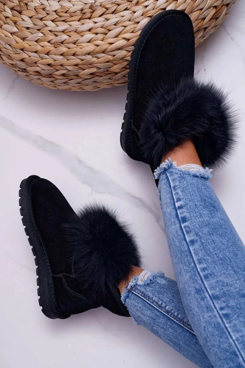 Śniegowce Damskie>Boto Damskie Botki Śniegowce Ocieplane Futerkiem Skóra Zamsz Czarne Memento