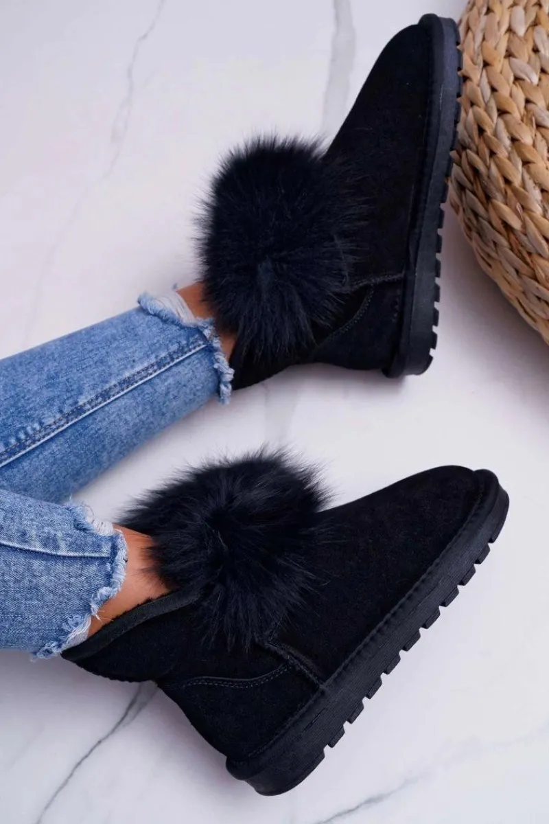 Śniegowce Damskie>Boto Damskie Botki Śniegowce Ocieplane Futerkiem Skóra Zamsz Czarne Memento