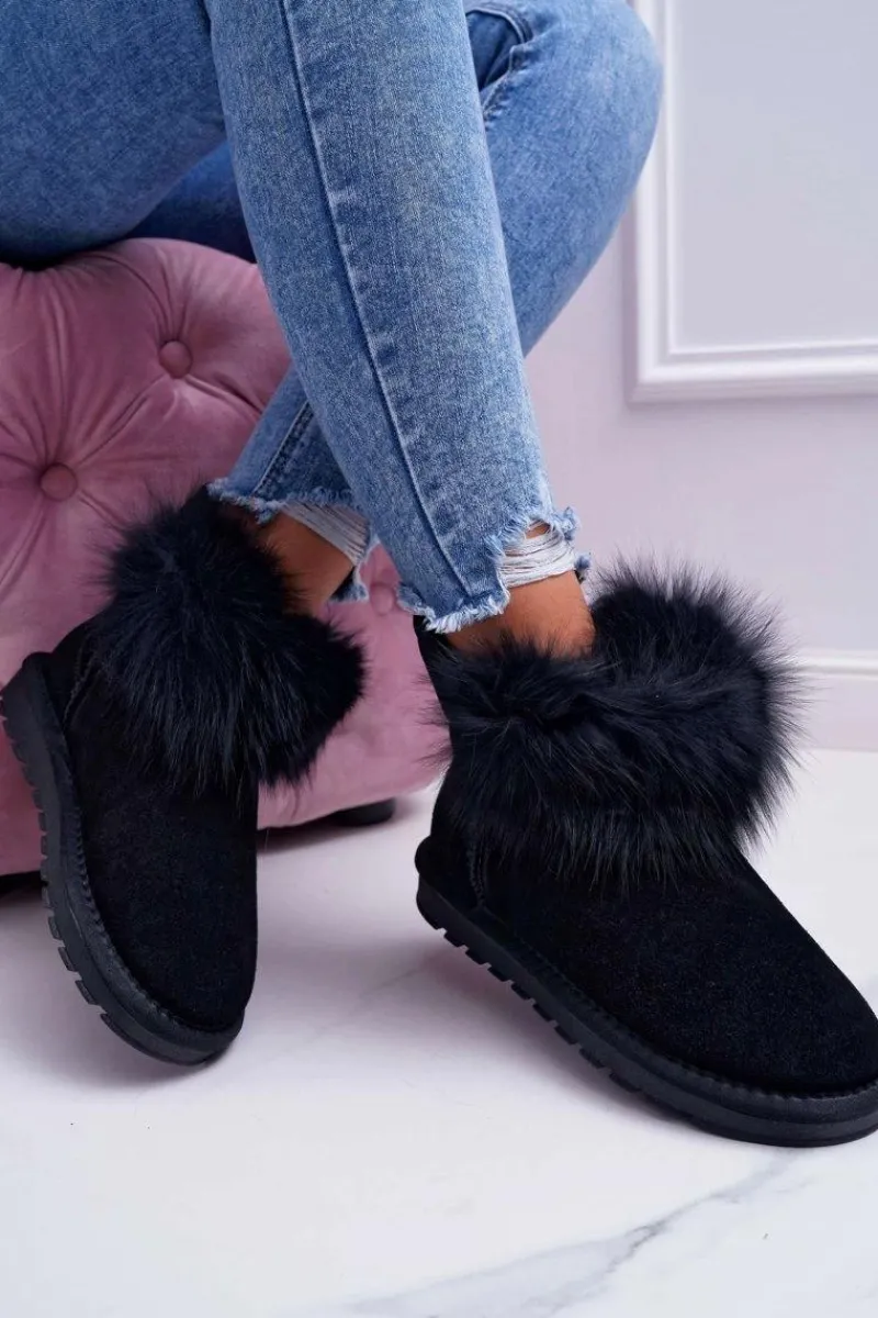 Śniegowce Damskie>Boto Damskie Botki Śniegowce Ocieplane Futerkiem Skóra Zamsz Czarne Memento