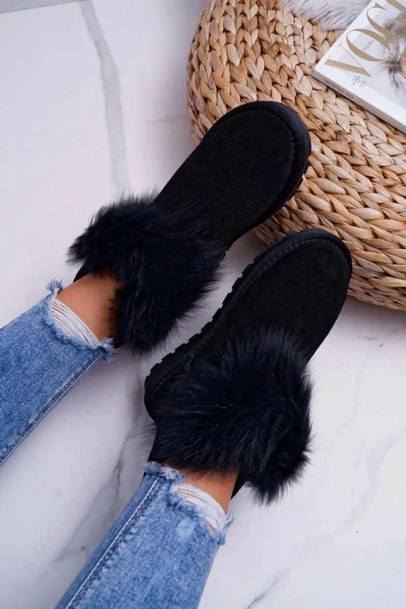 Śniegowce Damskie>Boto Damskie Botki Śniegowce Ocieplane Futerkiem Skóra Zamsz Czarne Memento