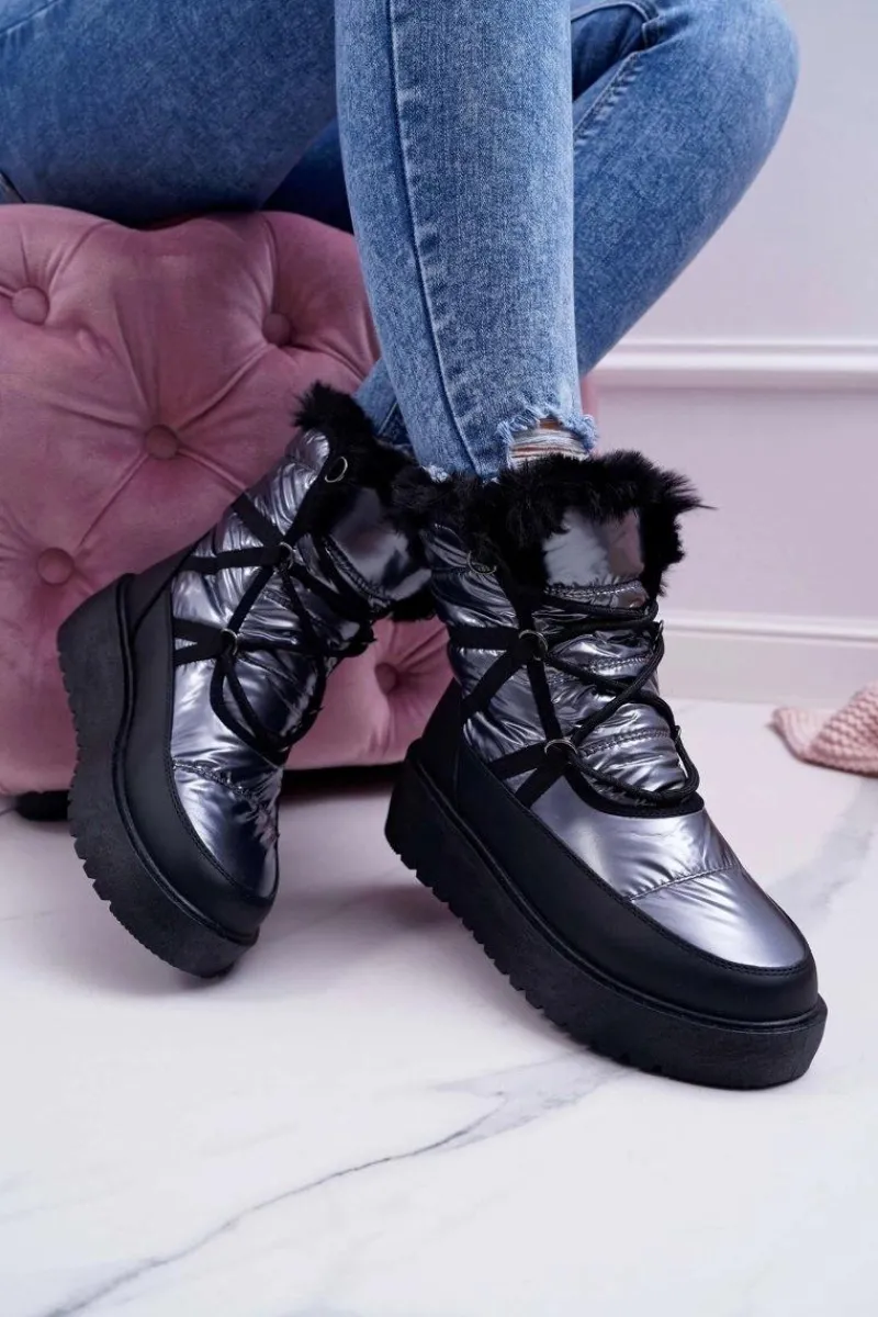 Śniegowce Damskie>Boto Damskie Botki Śniegowce Ocieplane Futerkiem Srebrne Calma