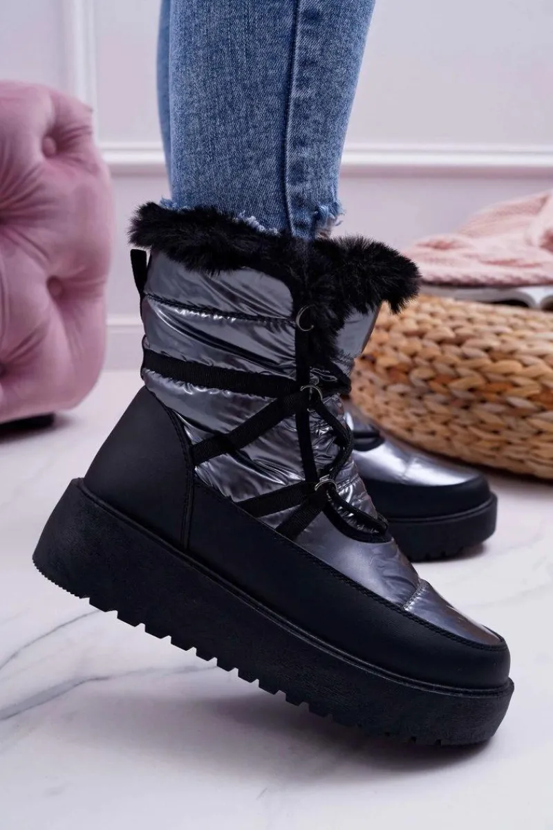 Śniegowce Damskie>Boto Damskie Botki Śniegowce Ocieplane Futerkiem Srebrne Calma