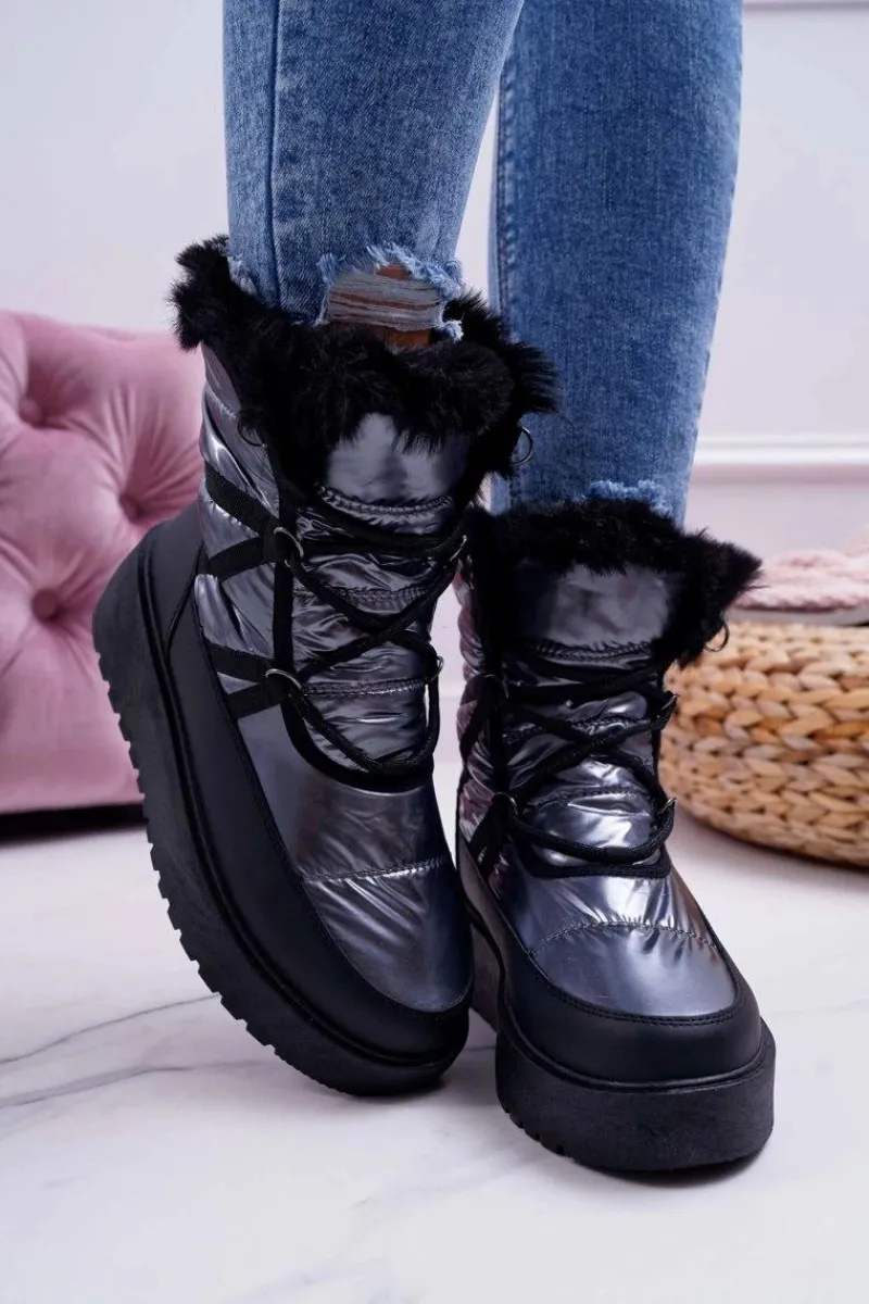 Śniegowce Damskie>Boto Damskie Botki Śniegowce Ocieplane Futerkiem Srebrne Calma