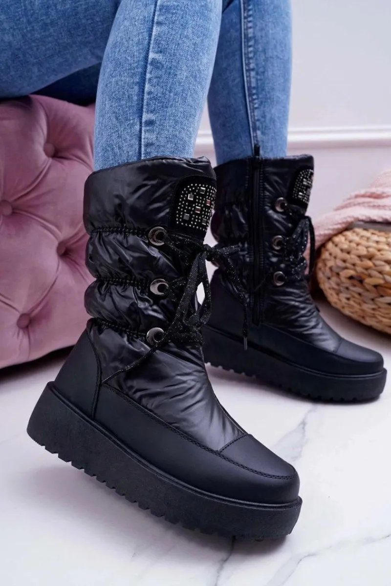 Discount Boto Damskie Botki Śniegowce Ocieplane Futerkiem Czarne Honor