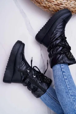 Discount Boto Damskie Botki Śniegowce Ocieplane Futerkiem Czarne Honor