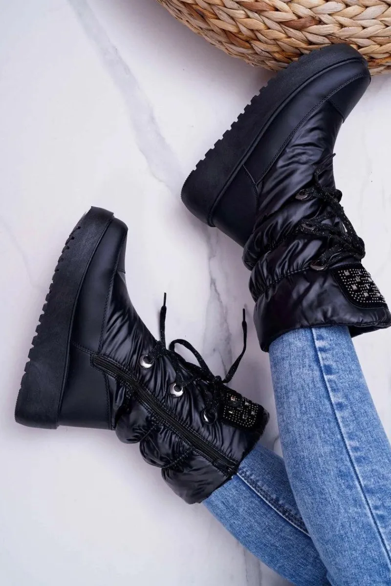 Discount Boto Damskie Botki Śniegowce Ocieplane Futerkiem Czarne Honor