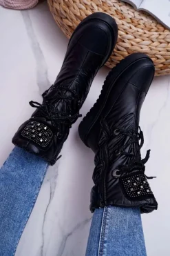 Discount Boto Damskie Botki Śniegowce Ocieplane Futerkiem Czarne Honor